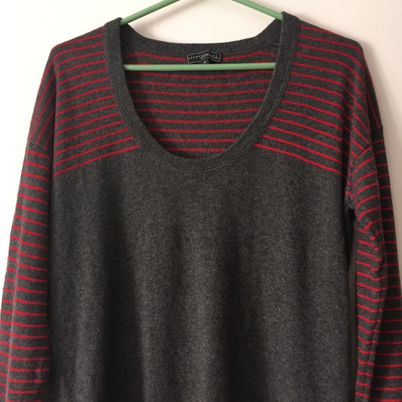 SPORTING LIFE 100% Cashmere Grey + Red Stripe Scoop Neck Sweater 3 L - Picture 2 of 5